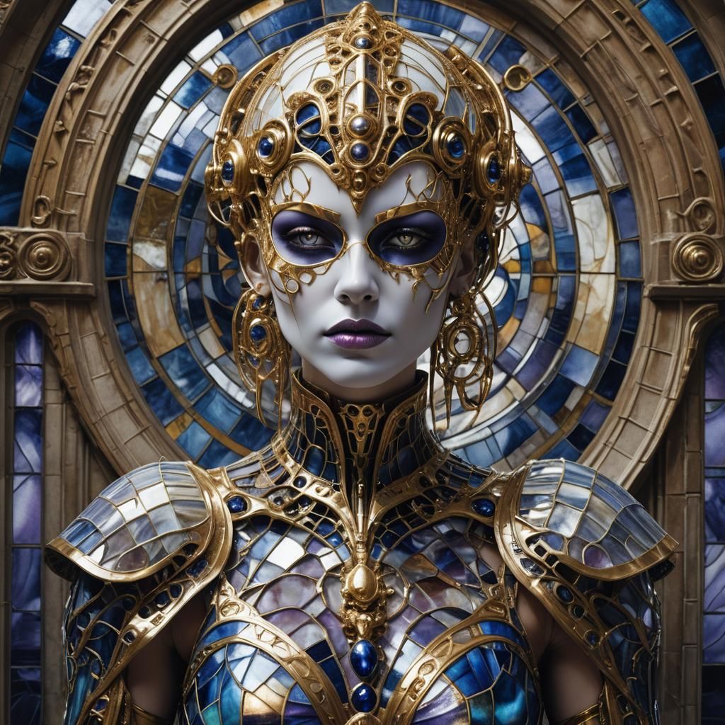 Biomechanical Girl in Stained Glass Dress, Digital Portrait