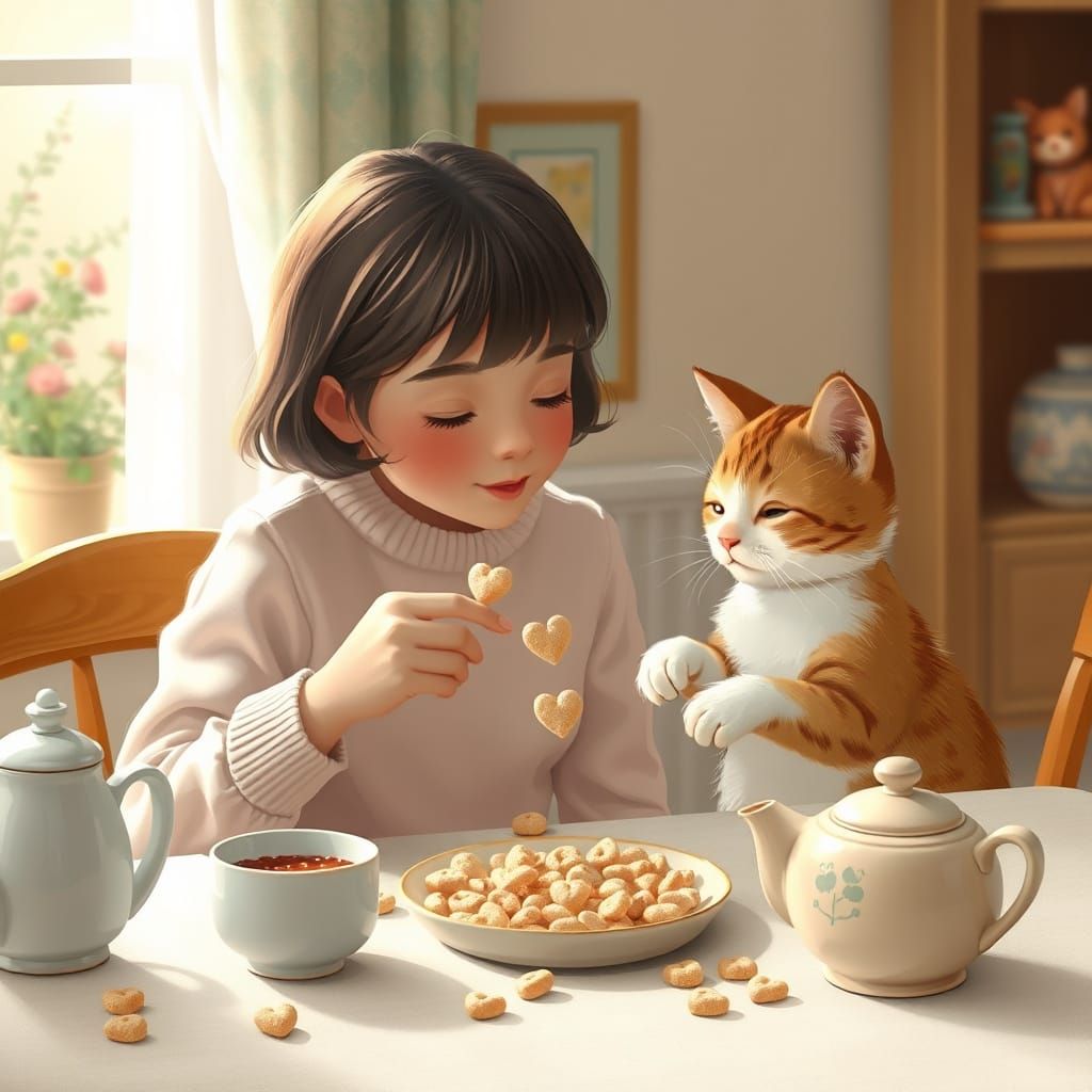 Cozy Breakfast Moment of Heart-Shaped Cereal Sharing