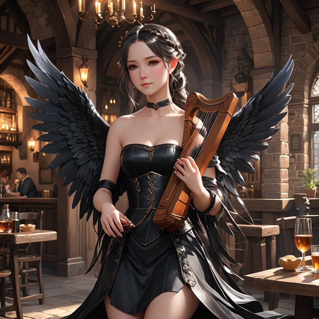 Anime Angel Playing Harp in Tavern