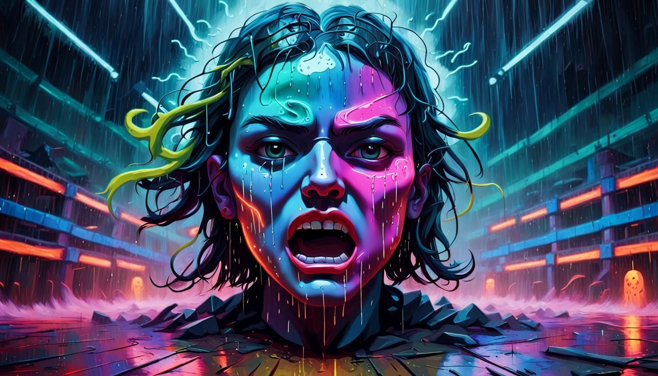 Neon Face in Surreal Battle Arena