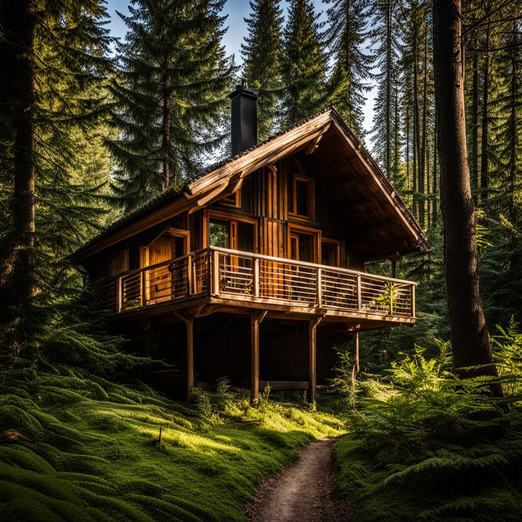 Cabin in Coniferous Forest at Sunrise, Aerial View