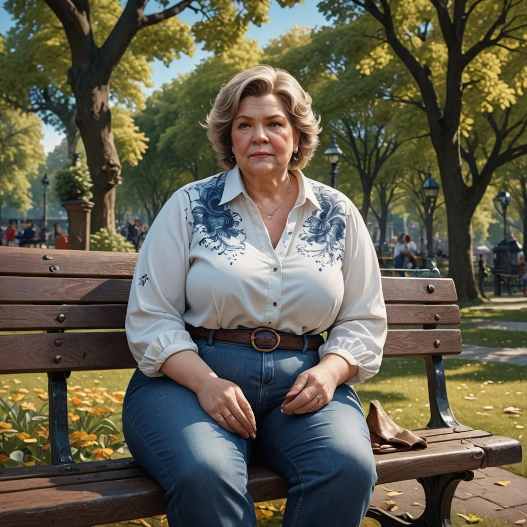 Mature Woman on Park Bench: Detailed Digital Art
