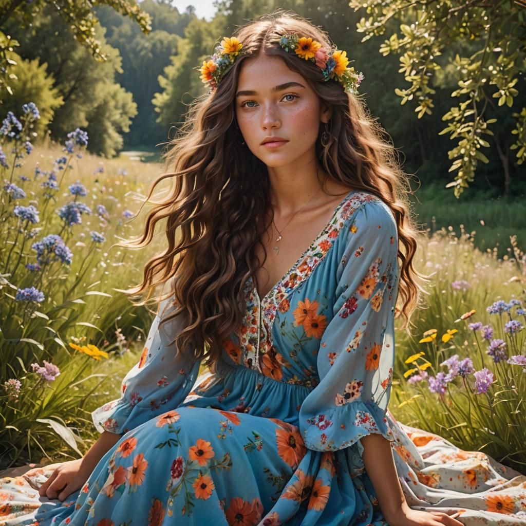 Bohemian Girl in Sunlit Meadow, Oil Painting Style