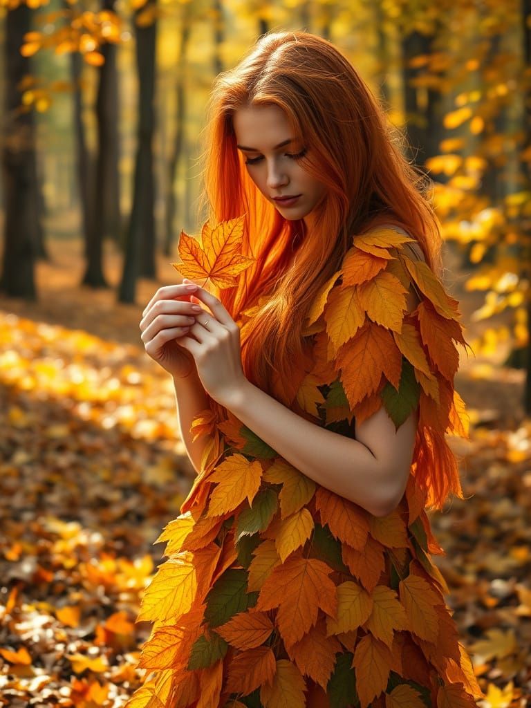 Woman in Fall Leaves Dress in Sunlit Forest