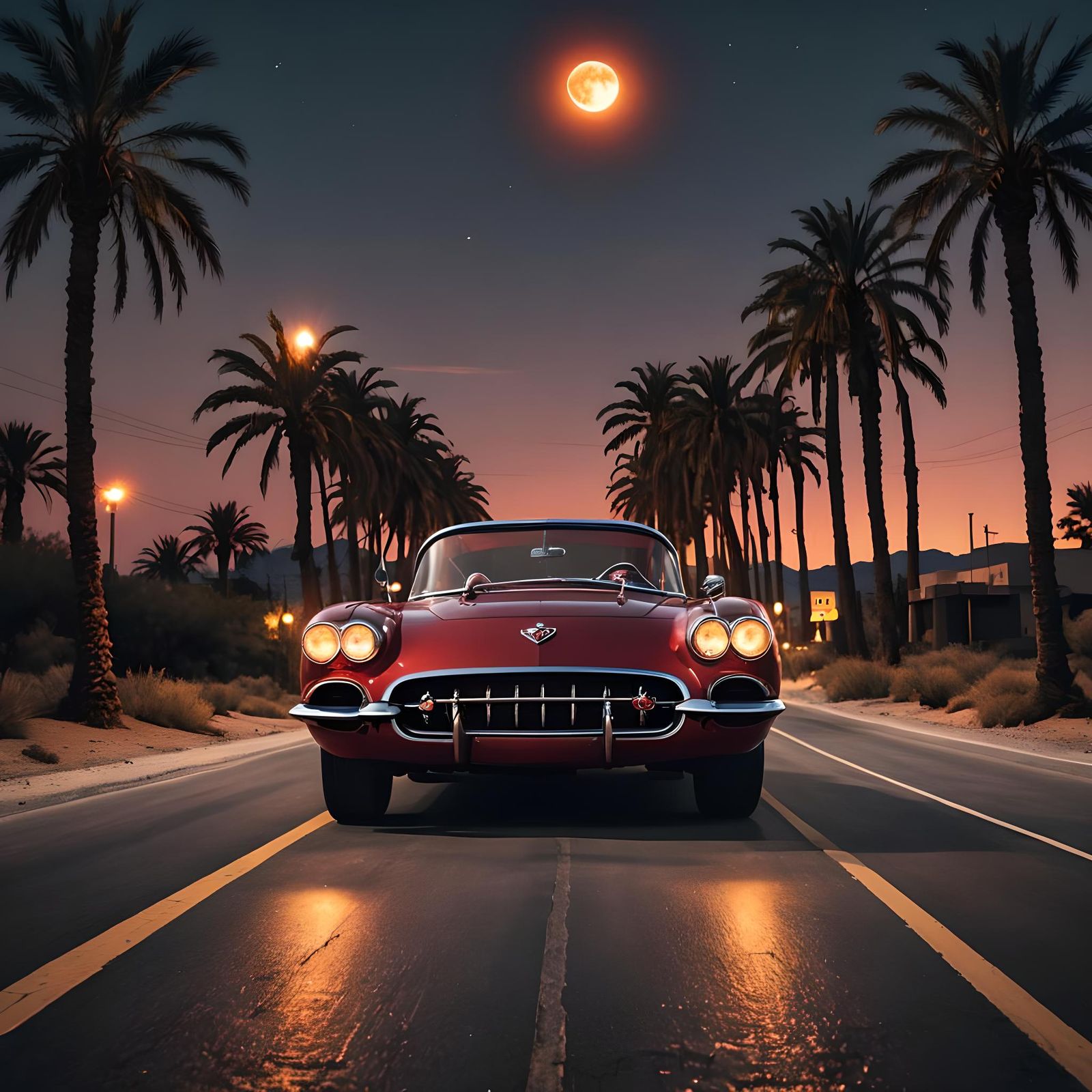 Woman Drives Red Corvette on Route 66