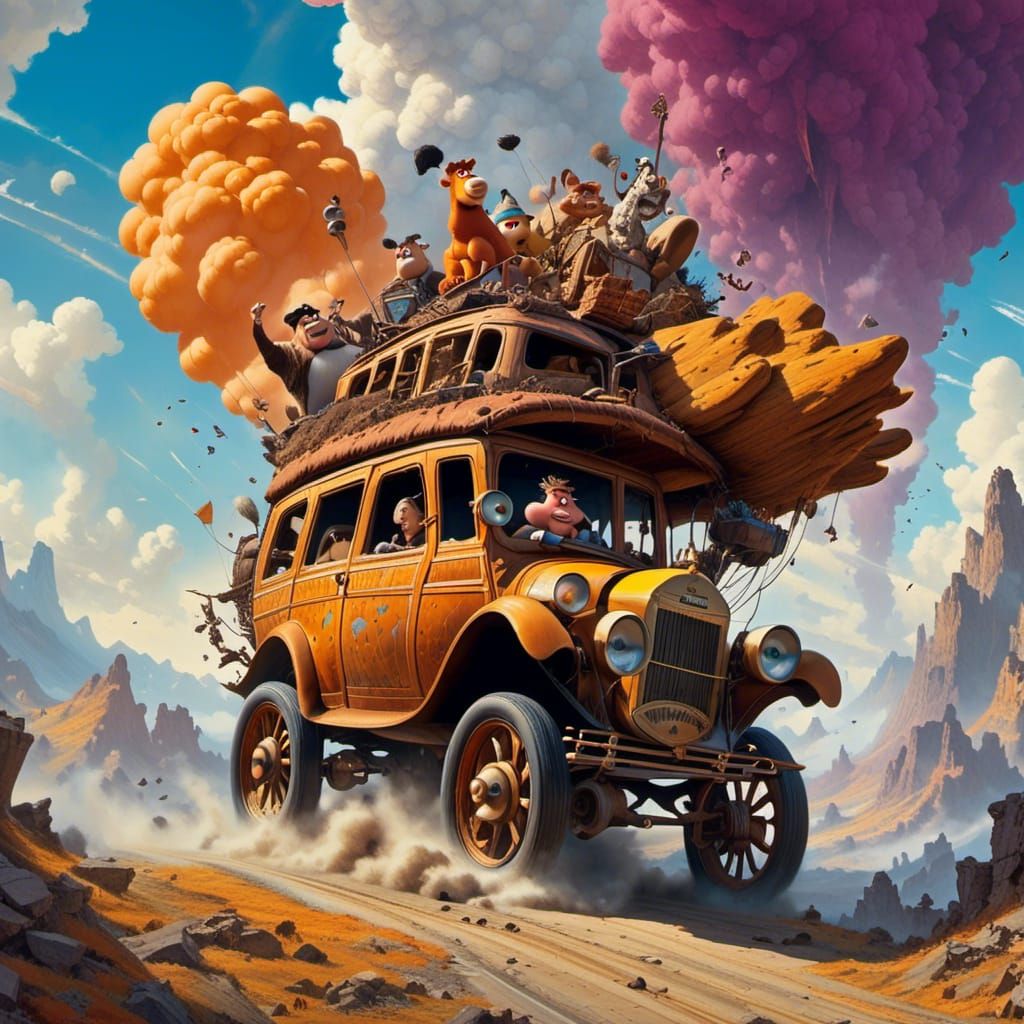 Fred Flintstone and Barney Rubble are in Fred's prehistoric car, attempting a comeback with a spectacular burnout! <lora...