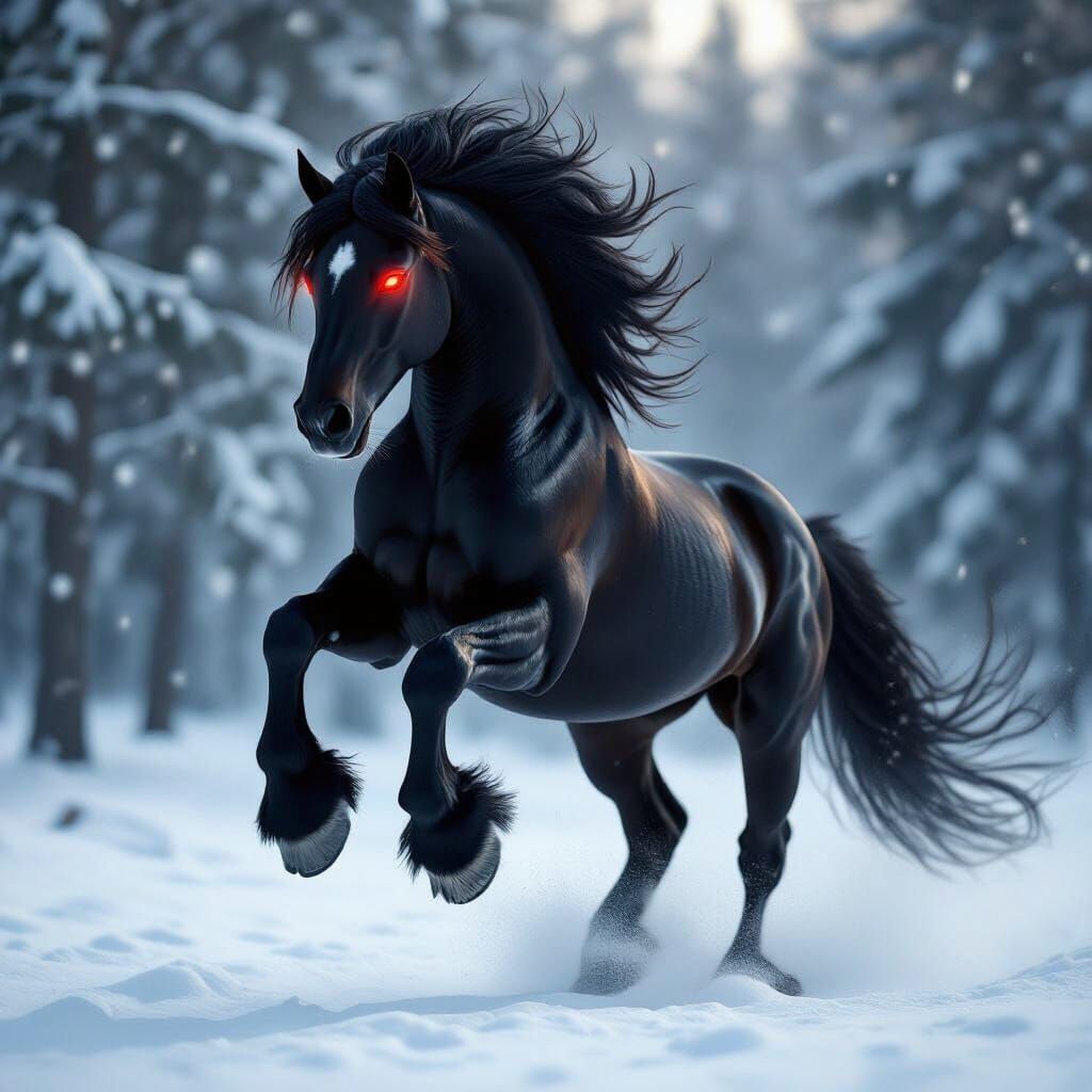 Powerful Black Horse Rearing in Snowy Forest