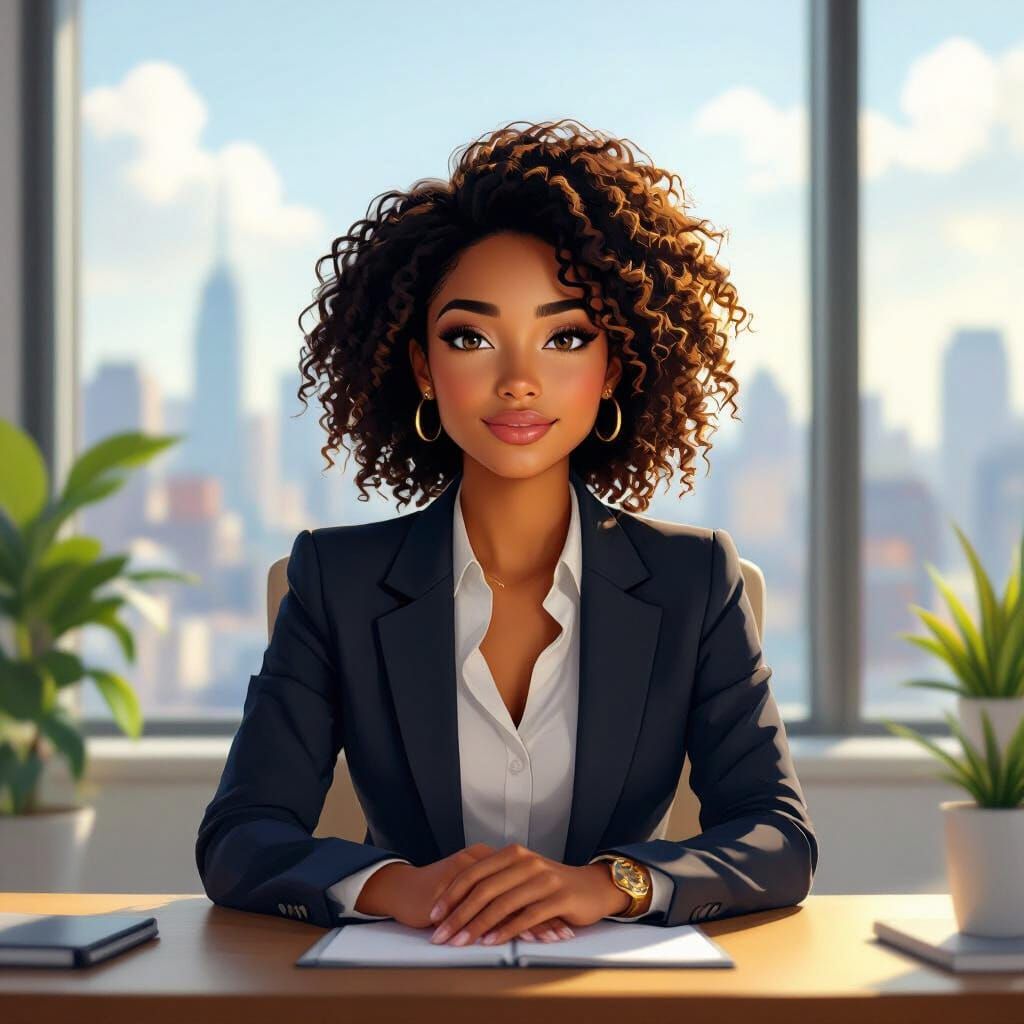 Young Woman in Bright Office with City View