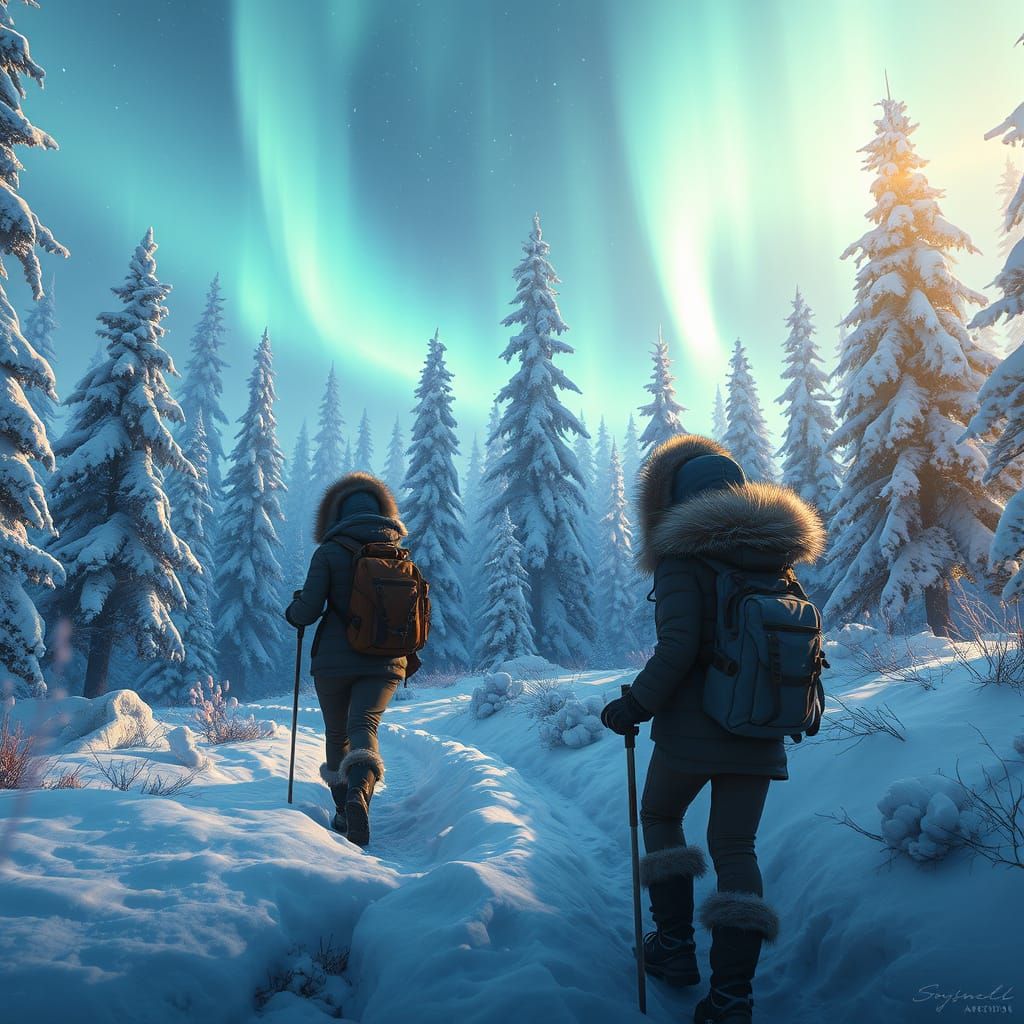 Mystical Winter Expedition in Vibrant, Fantastical Landscape...