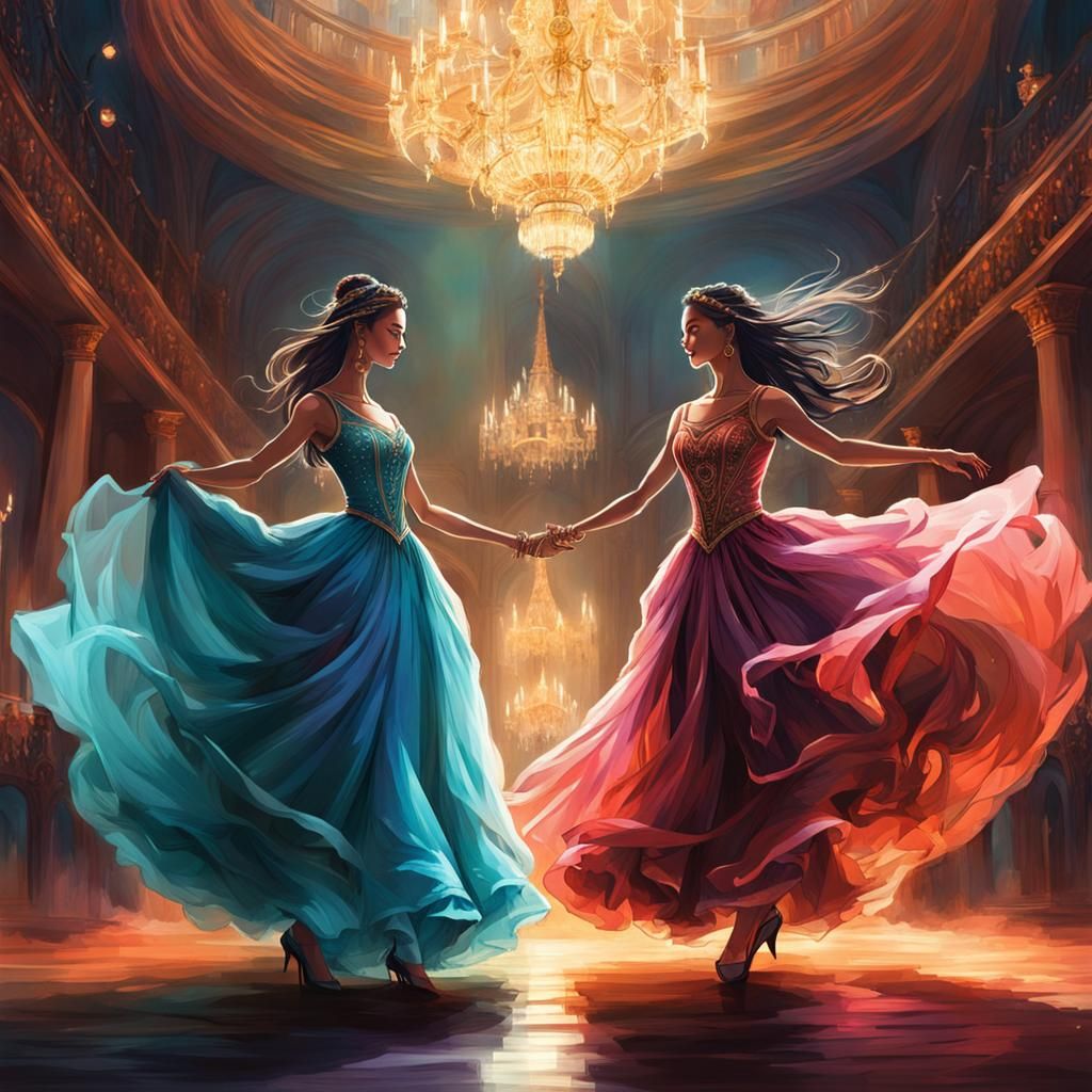 Women Dancing in Ball Gowns: Dark Fantasy Portrait