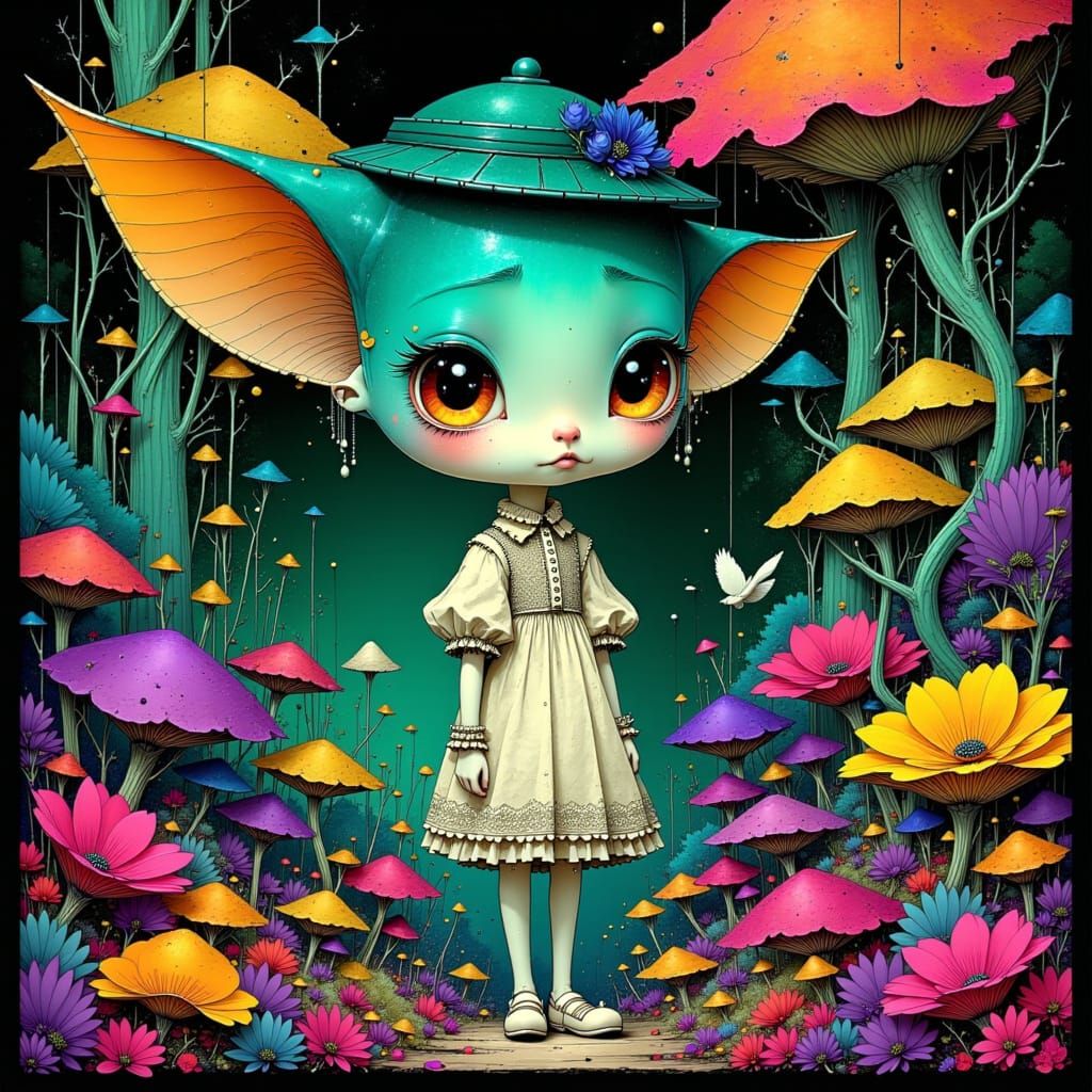 Whimsical Victorian Creatures in a Dreamlike Landscape