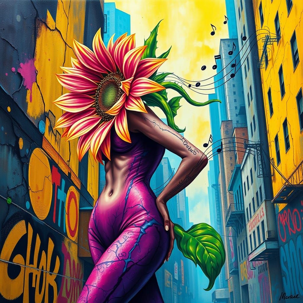 Dynamic Sunflower Woman in Cityscape