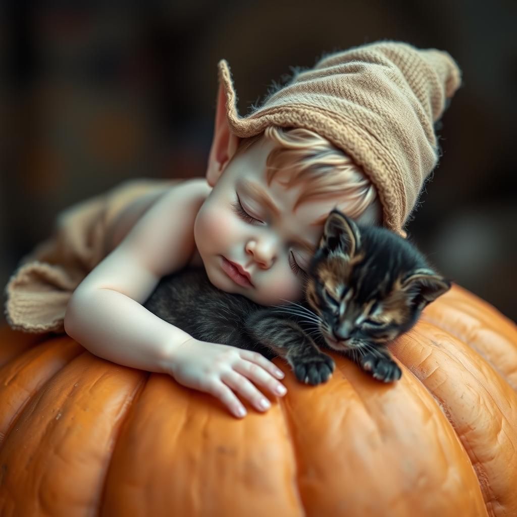 Baby Elf Napping on Pumpkin with Kitten