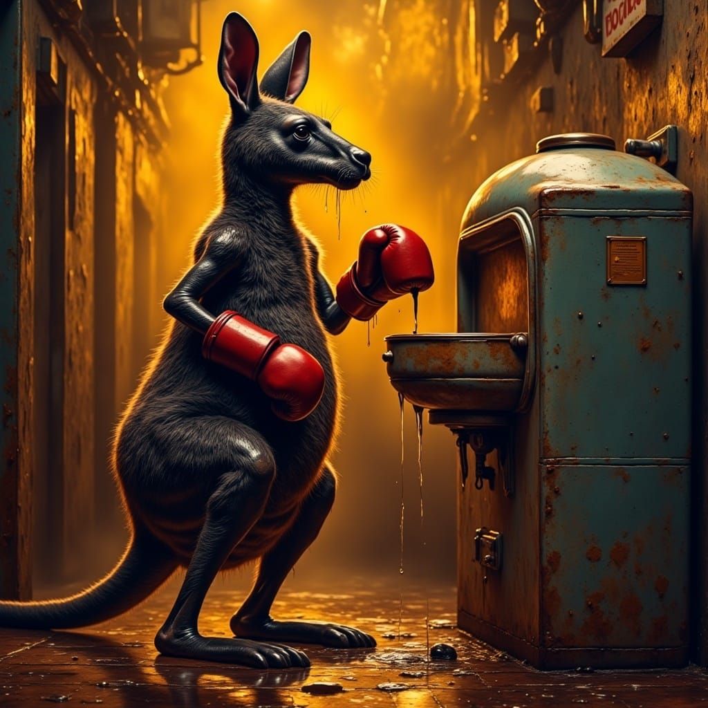 Oily Kangaroo Boxer in Grungy Retro Scene