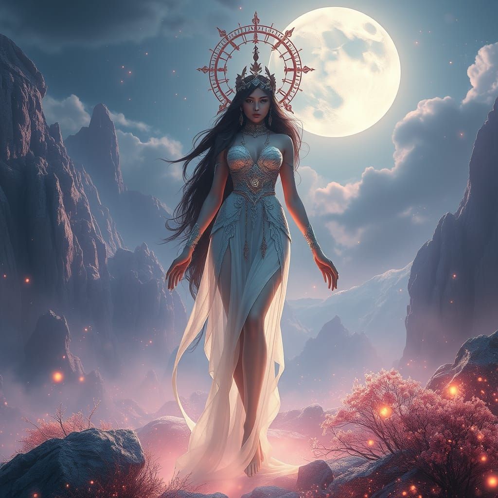 Mystical Moon Goddess in Ethereal Landscape