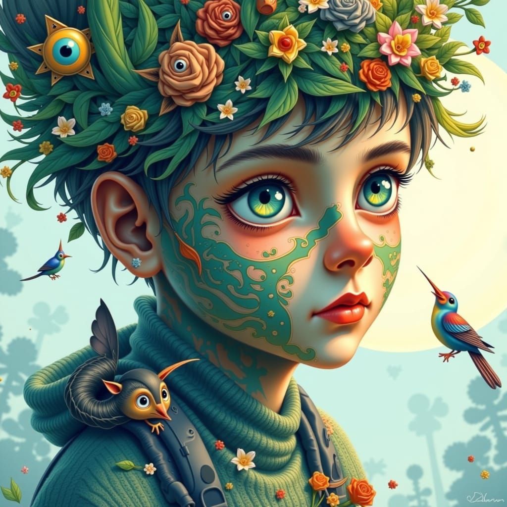 Boy and Fantastic Creatures in Moonlit Forest