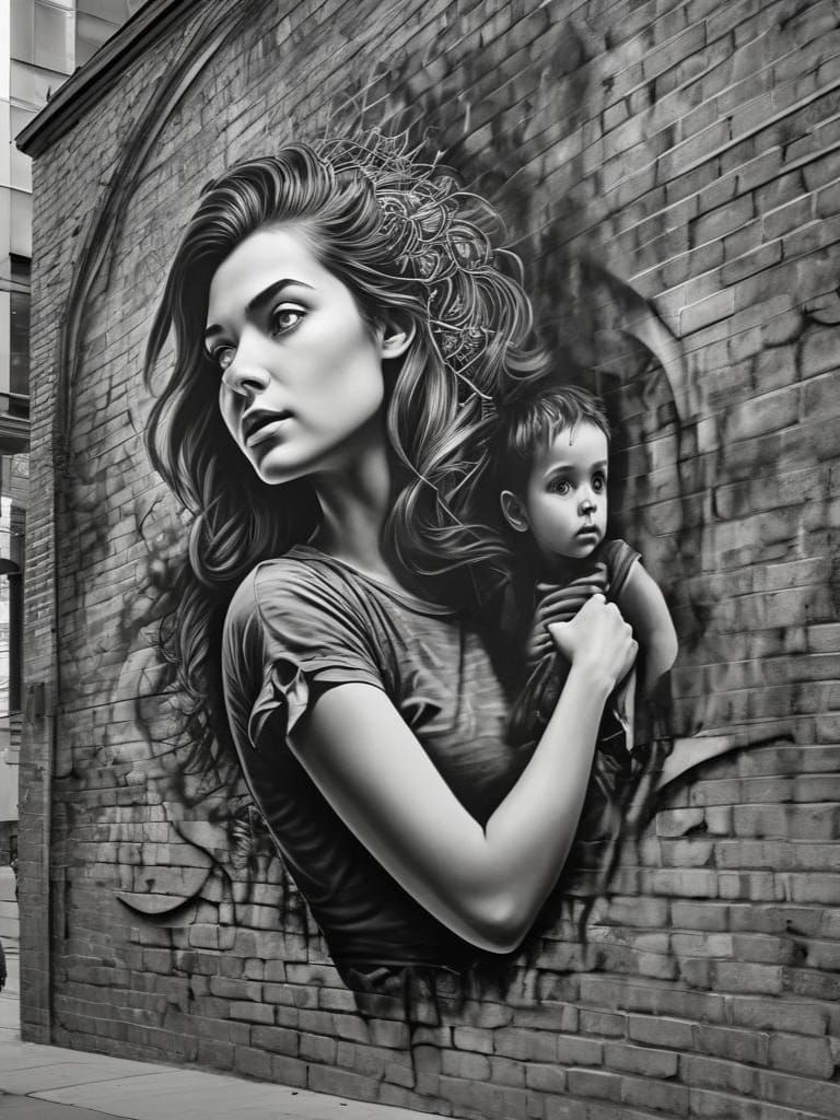 Airbrush drawing of an intellectual b&w woman on a wall on a building with a colorful child looking at it