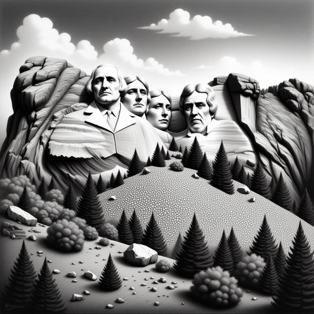 Pencil Sketch of Mount Rushmore in a Flux Style