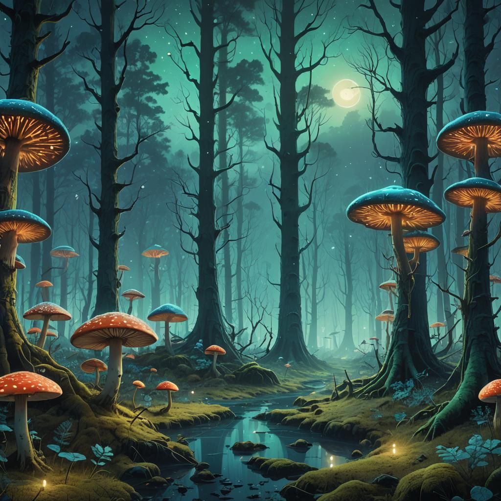 Mystic Forest with Glowing Trees Under Starry Sky