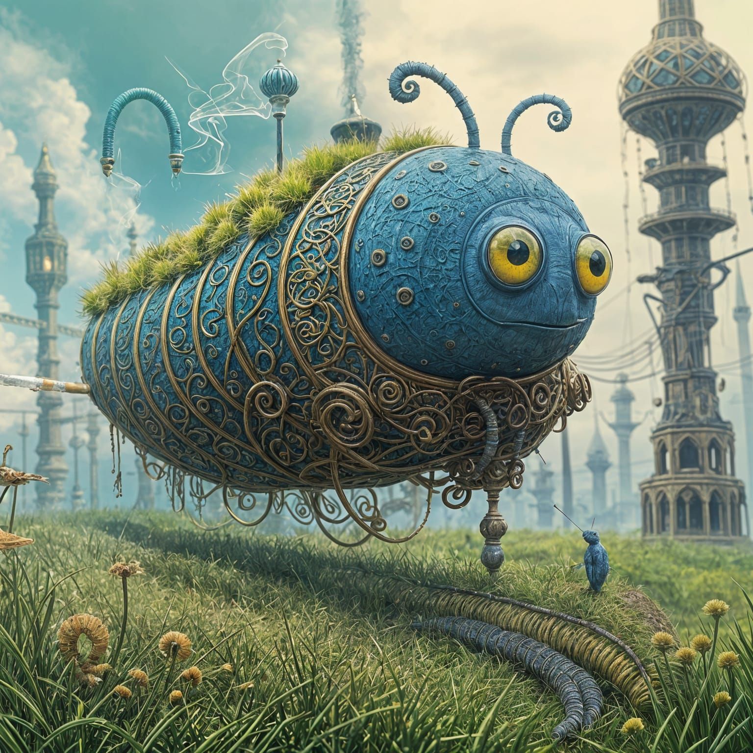 Surreal Blue Caterpillar Smokes Hookah in Whimsical, Dreamli...