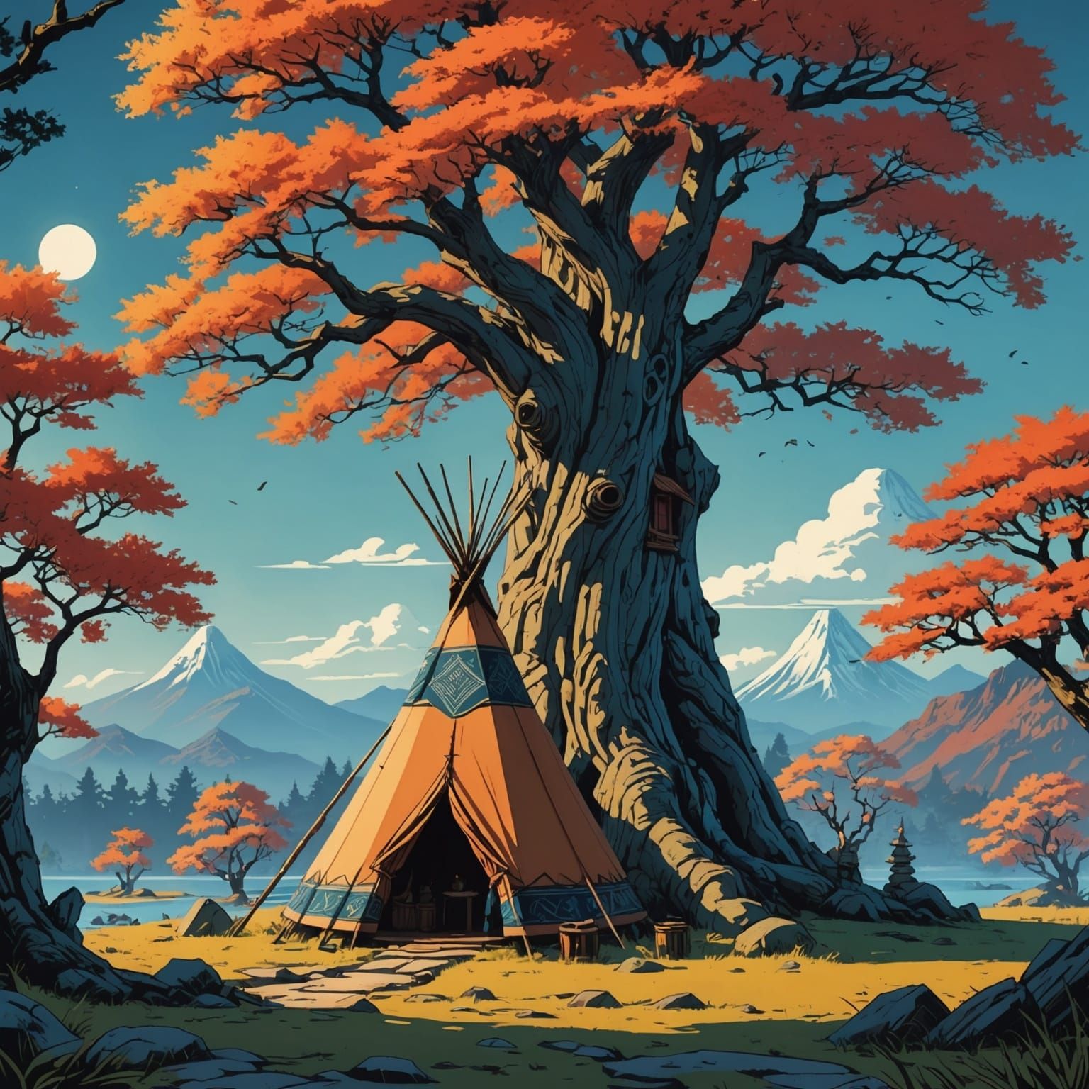 Tipi and Tree in Comic Book Art Style