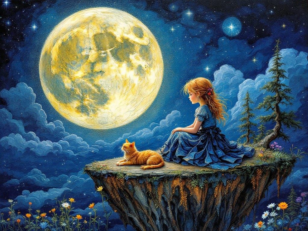 Luminous Nighttime Scene of Girl and Cat on a Glowing Island