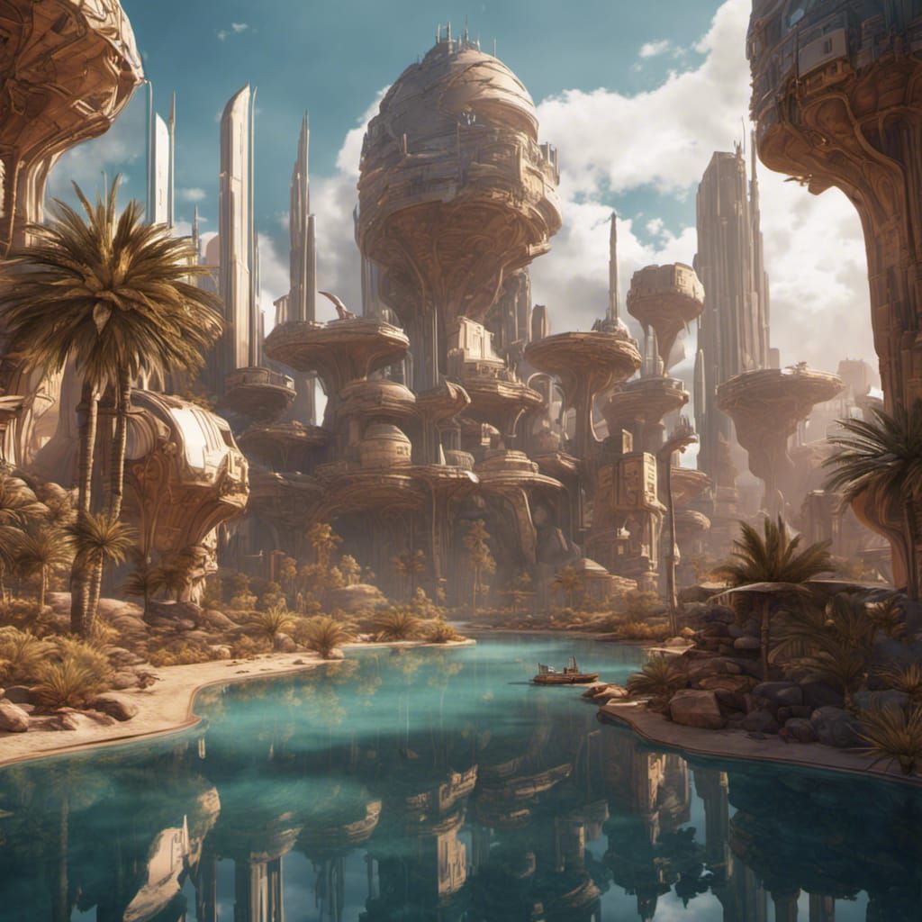 Futuristic Desert Oasis City: Detailed Matte Painting