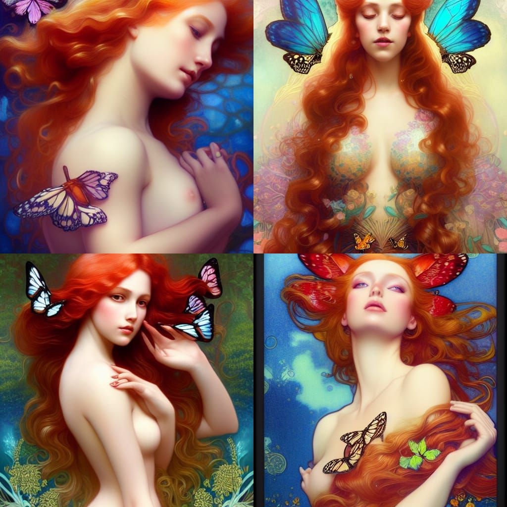Woman Releasing Butterflies: An Art Nouveau Oil Painting