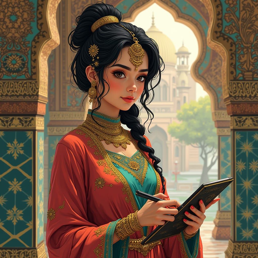 Woman in Futuristic Arabic Attire with High-Tech Tablet