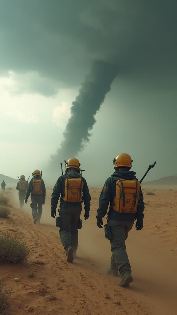 Explorers Brave Wasteland Storm in Cinematic Style