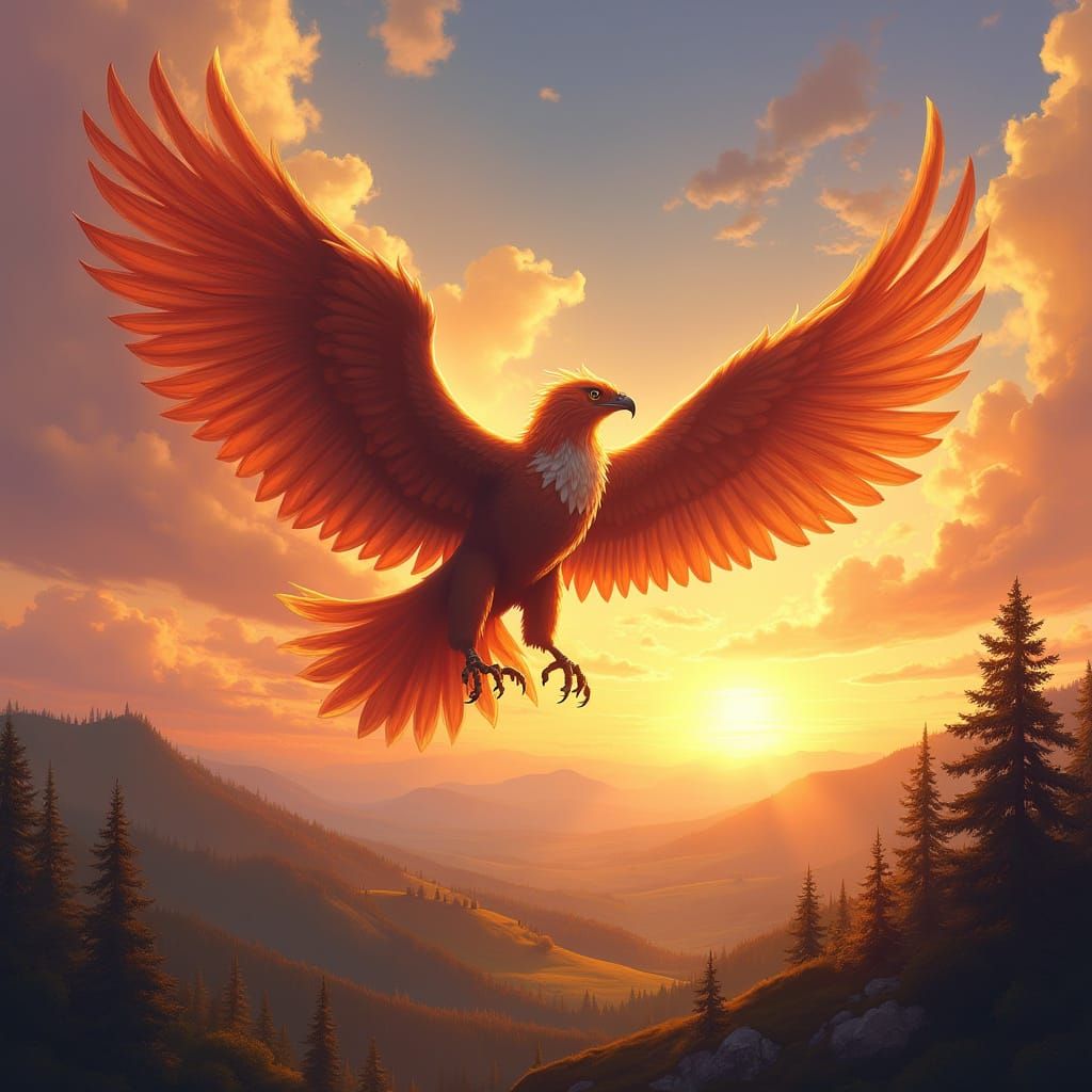 Griffin Soaring Through Sunset Sky: Fantasy Art