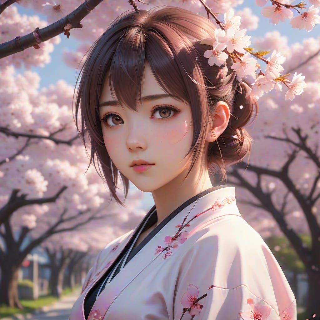Sakura Under Blooming Cherry Blossoms in Vibrant Anime Style