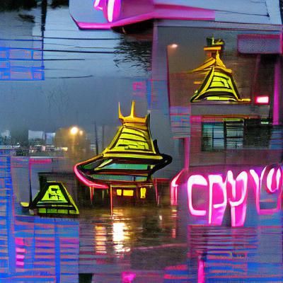Cyberpunk Pagoda Reflected in Neon Rain