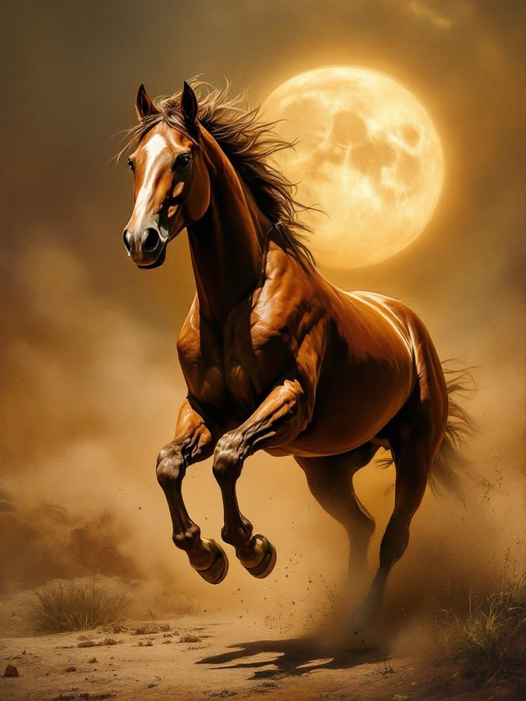 Horse Gallops Under Harvest Moon in Spaghetti Western Style