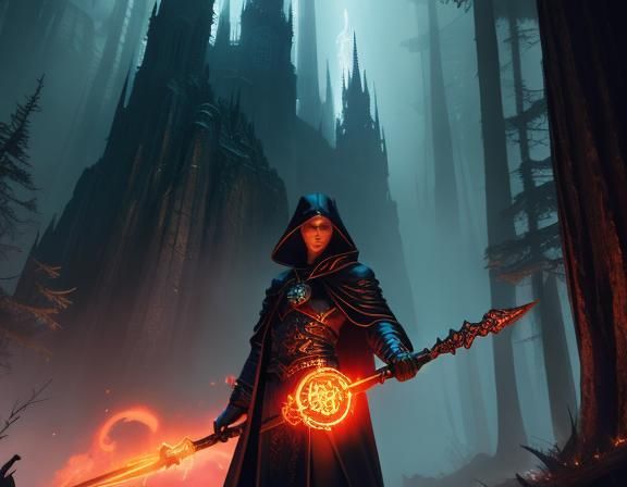 Dark Fantasy Figure on Mist-Shrouded Mountain