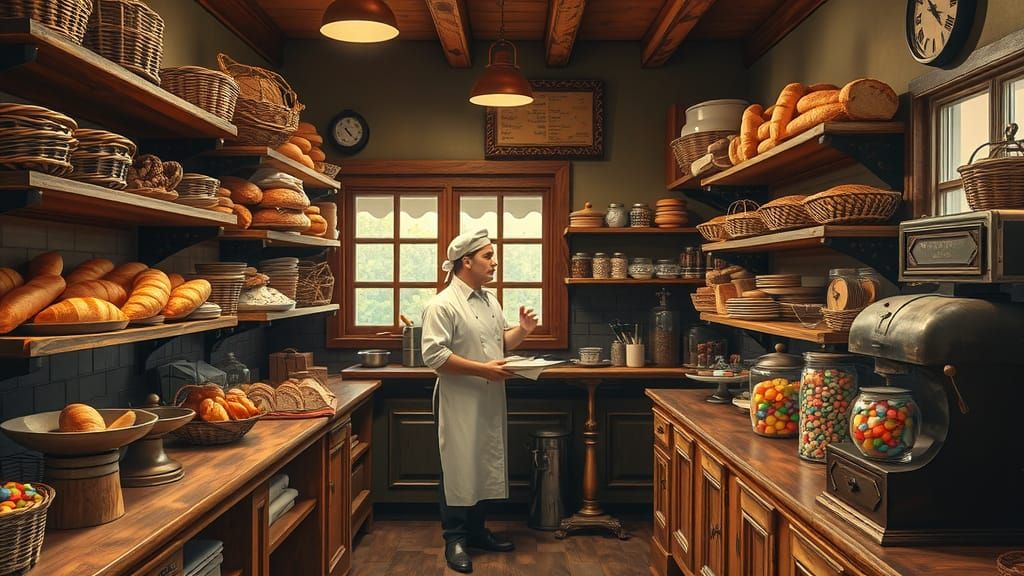 1920s Bakery with Warm Lighting in Hyperrealistic Style