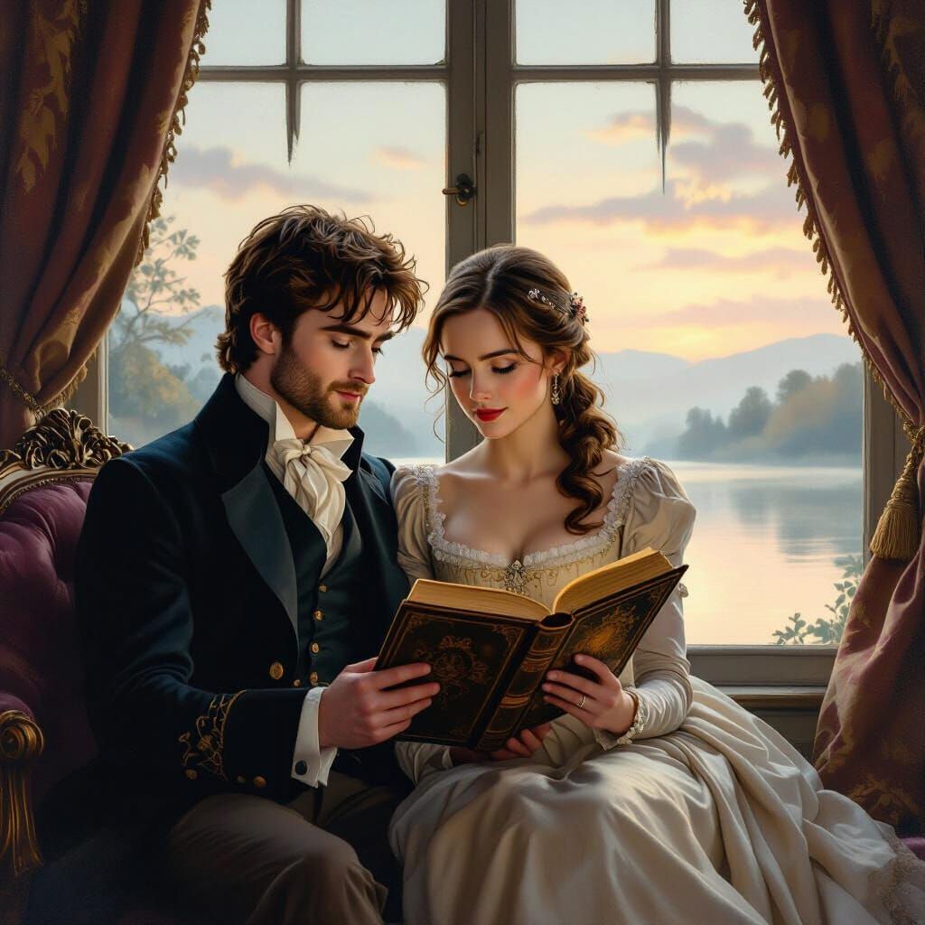 Regency Couple Reading by Mist-Shrouded Lake