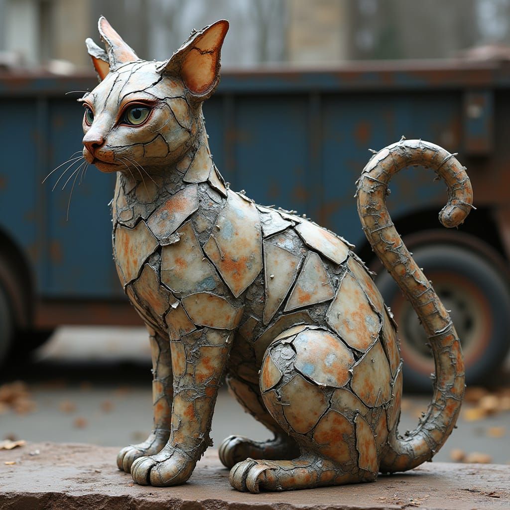 Gritty Glass and Cardboard Cat Sculpture