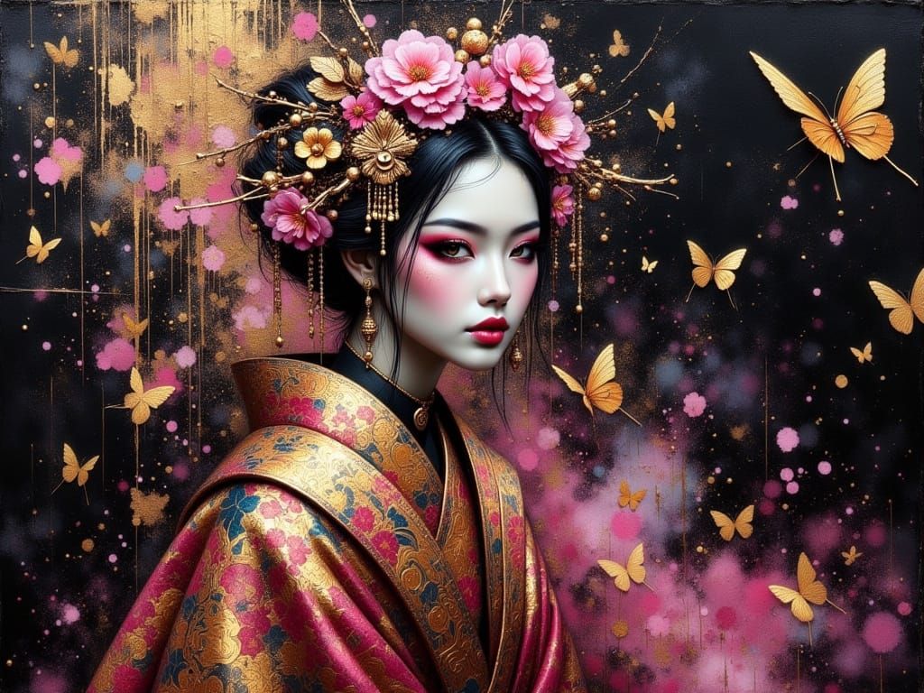 Hyper Realistic Geisha Warrior in Swirling Smoke and Gold