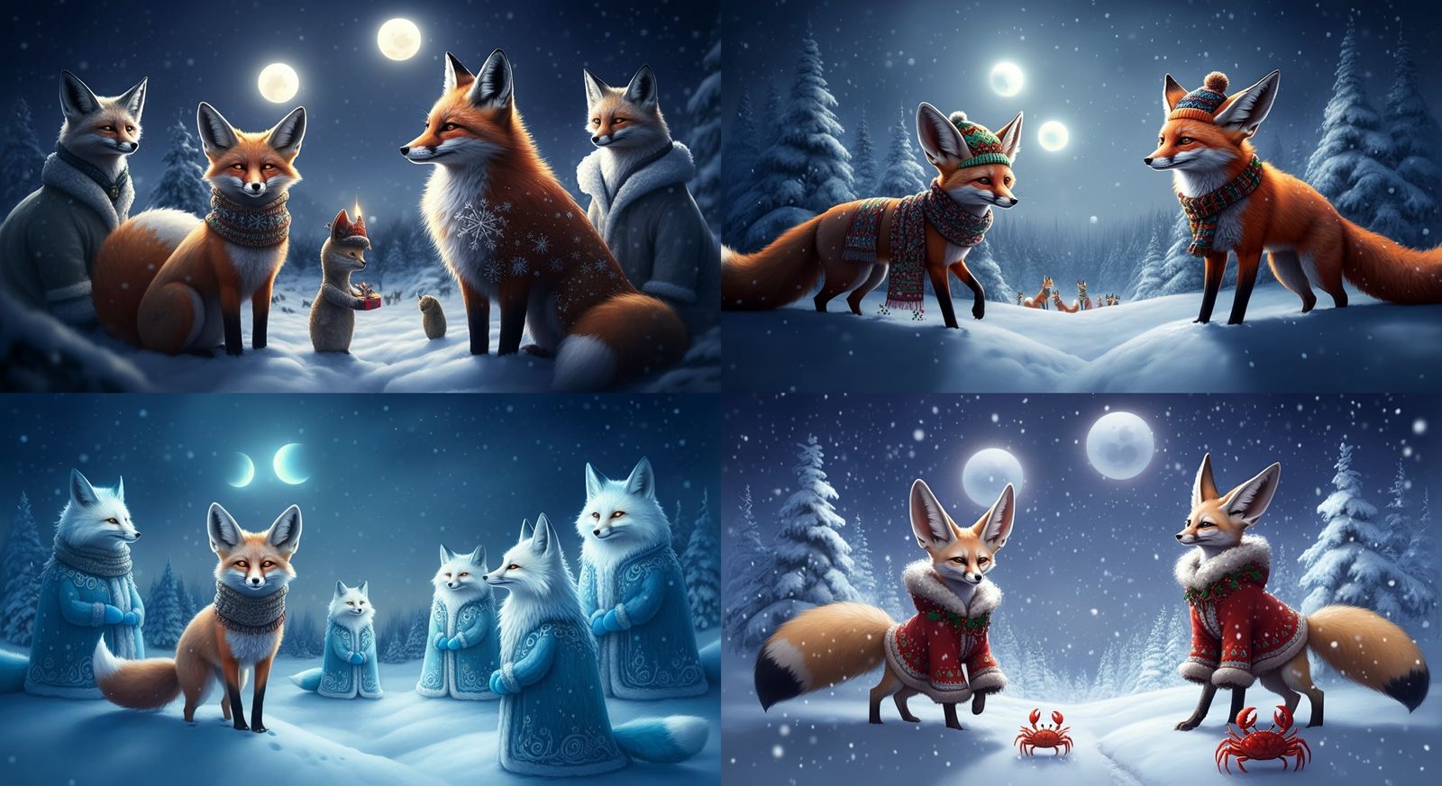 Foxes Under Snowy Two-Moon Christmas