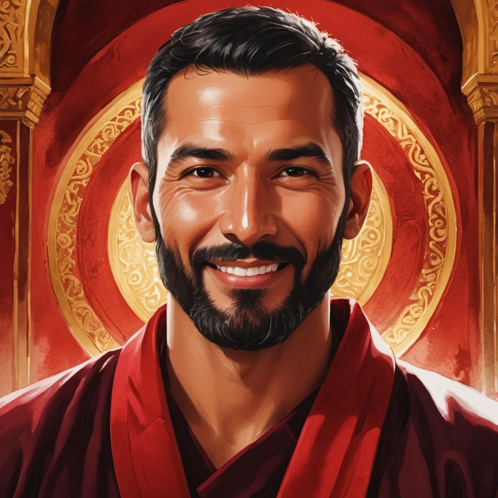 Elegant Man in Red Velvet Robe, Golden Mosque