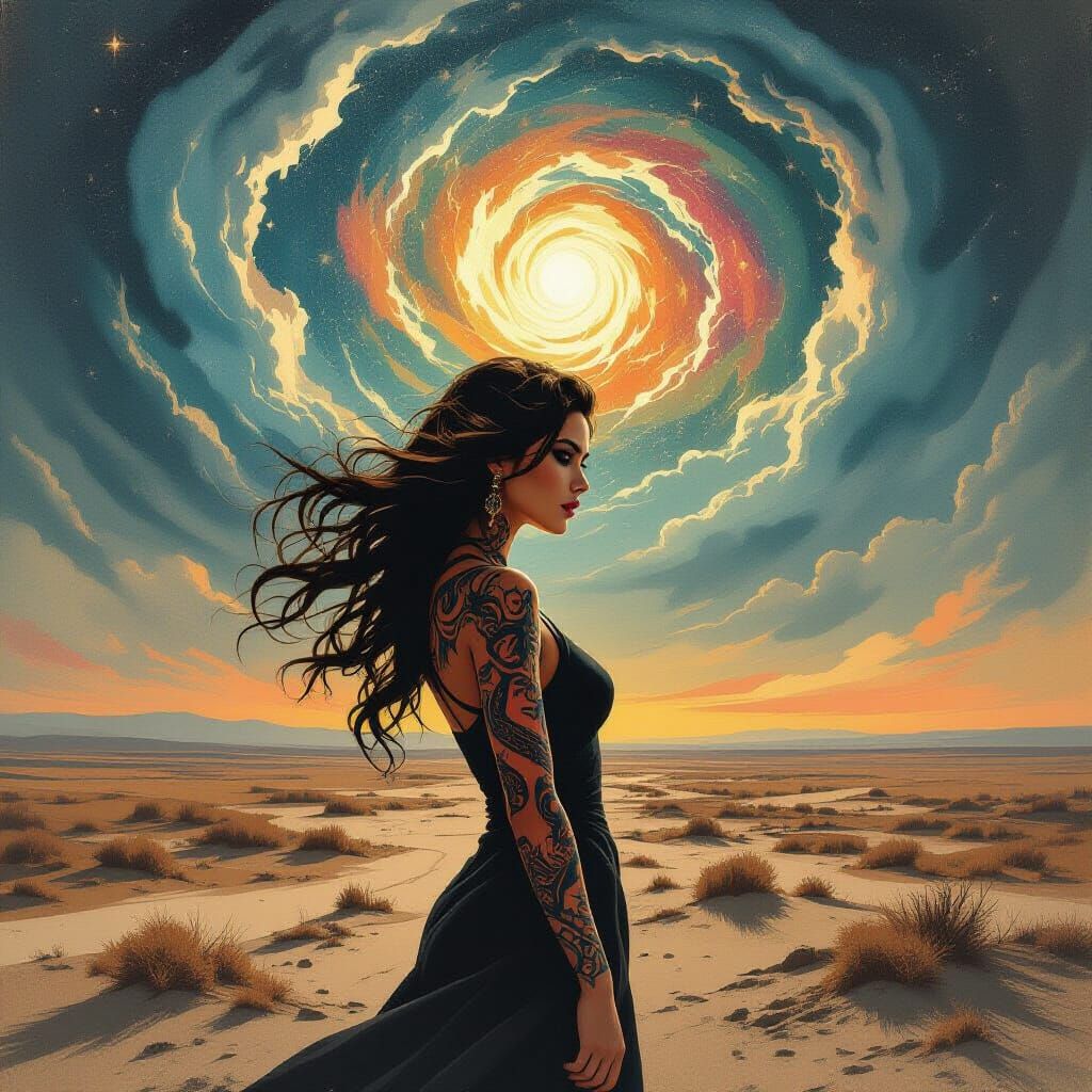 Supermodel with Dragon Tattoos Under Cosmic Sky