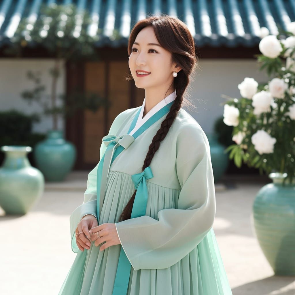 Korean Woman in Turquoise Hanbok in Sunlit Courtyard