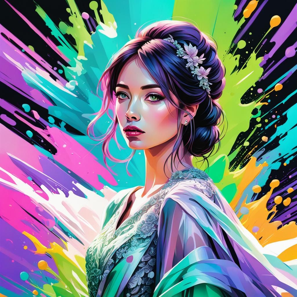 Girl in Wedding Dress with Colorful Detailed Background