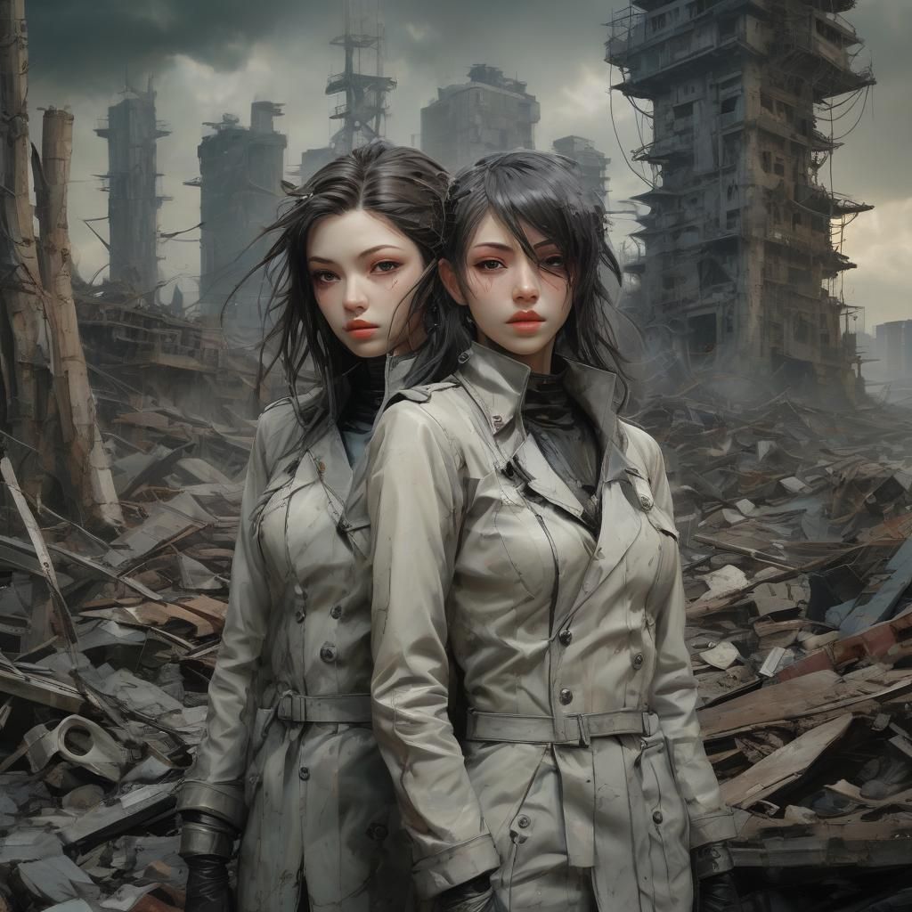 Art style of Kazuma Kaneko, Megami Tensei, surreal, abstract, two lesbian women in love, stark contrast, cool tones, les...