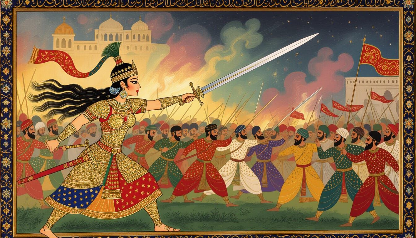 Warrior Queen Leads Army in Persian Miniature Style