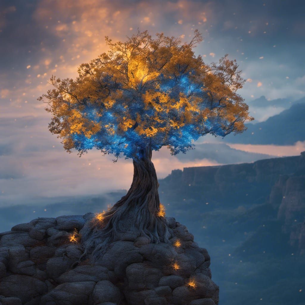 Mystical Tree with Flaming Leaves on Cliff