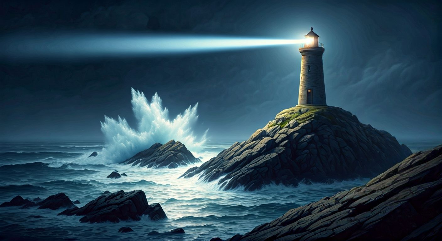 Ancient Lighthouse Beam Cuts Through Foggy Night