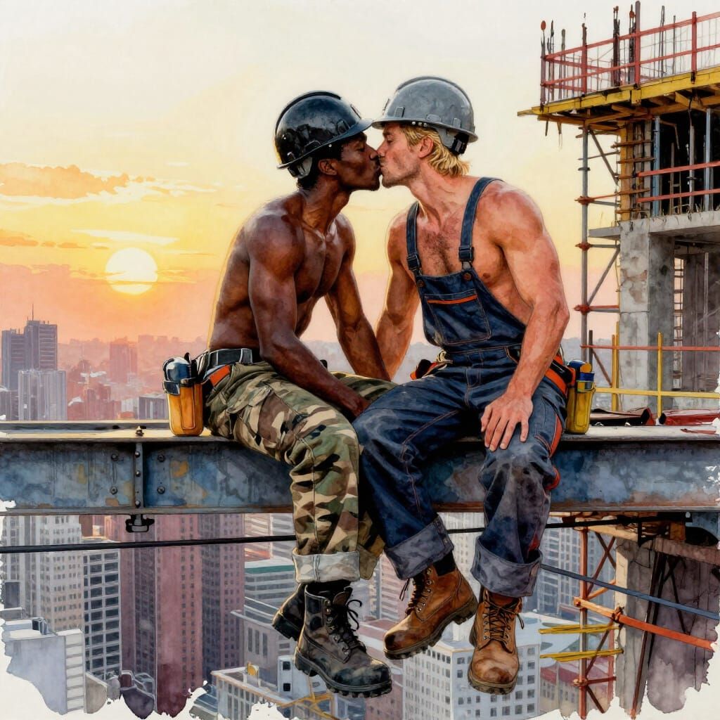Construction Workers Kissing On Beam At Sunset