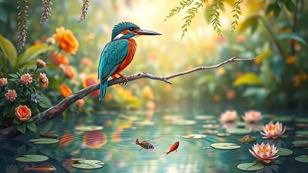 Regal Kingfisher Perched in Vibrant Garden Scene